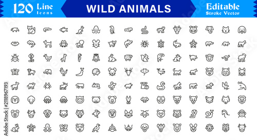 Wild Animals Professional Line Icon Set – Modern Minimal Editable Vector Icons Cat, Fish,Kangaroo,Dog,and Pixel Perfect Icons