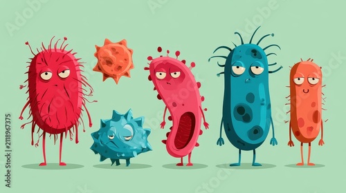 Bacteria character flat design side view medical education theme cartoon drawing Complementary Color Scheme.