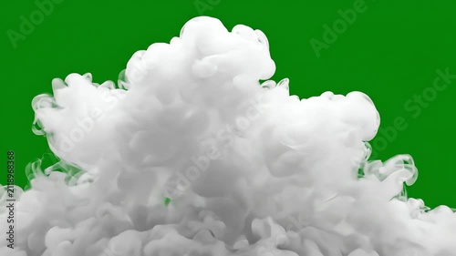 Thick white smoke clouds swirling and rising slowly against a solid chroma key green background for easy video compositing