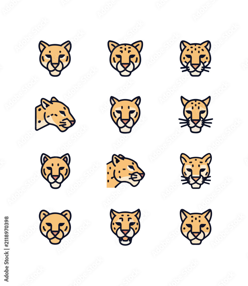 Fototapeta premium Stylized animal head icons set diverse angles