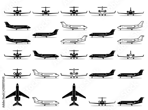 Private Jet and Business Aircraft Silhouettes Vector Icons Set
