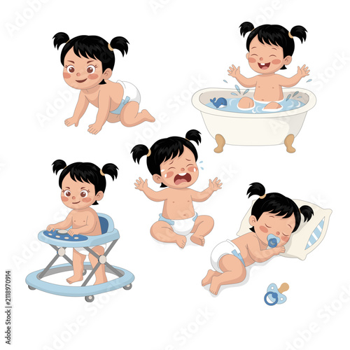 Cute baby girl vector collection featuring crawling, bathing, sleeping, crying, walker, daily activities and childhood milestones. Vector illustration