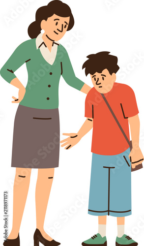 Woman Comforting Upset Boy with Kind Hand Gesture Illustration