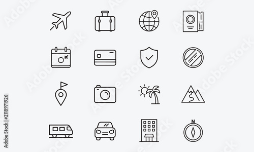 Travel agency line editable icon set. Containing traveling, tourism, booking, different tours, visa assistance, insurance