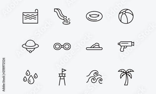 Water park line editable icon set. Containing pool, playground, swimming, recreation, aquatic, water activity