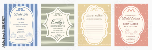 Four vertical bridal shower vector templates in vintage style: tea menu, welcome sign, advice card and invitation with ornate frames, bows and pastel patterned backgrounds.