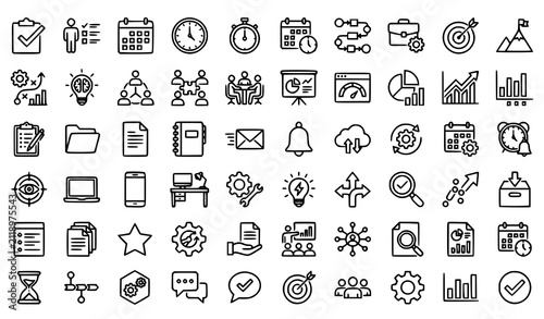 Set of hand drawn business and management icons representing planning strategy teamwork productivity and professional office workflow tasks
