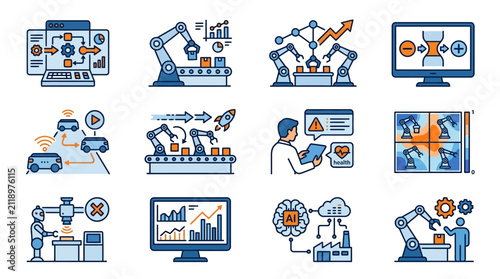 Sleek Showcasing Modern Industrial Automation AI Robotics and Smart Manufacturing Concepts with Blue and Orange Color Palette