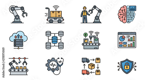 Creative of Modern Industry 4 0 Concepts with Robots IoT AI and Smart Manufacturing Icons with high quality professional line art symbols for modern creative design and digital branding projects