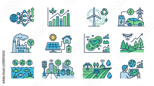 Modern Illustrated Icons Showcasing Sustainable Development Smart Energy Green Tech and Eco Friendly Innovations