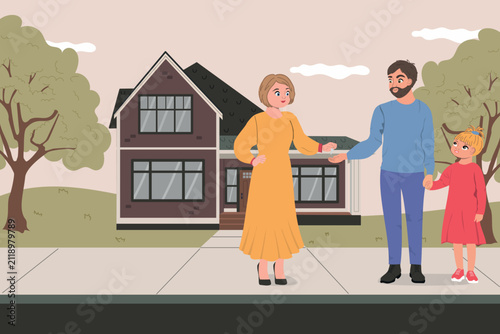 Single father with daughter receiving the keys from a real estate agent. Illustration of the successful conclusion of a deal 