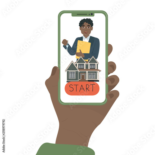 User buy a new house online by using app on smartphone. A real estate agent is selling a house on a smartphone screen. Vector illustration