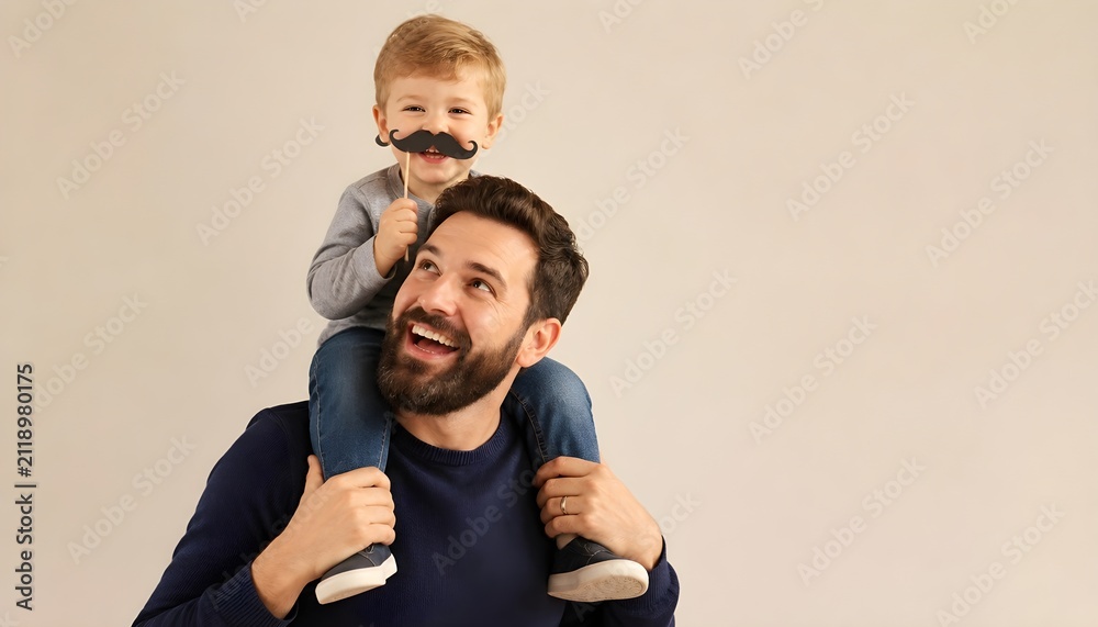 Fototapeta premium Happy Father and Son Bonding Time Playing with a Fake Mustache Prop for a Portrait Session