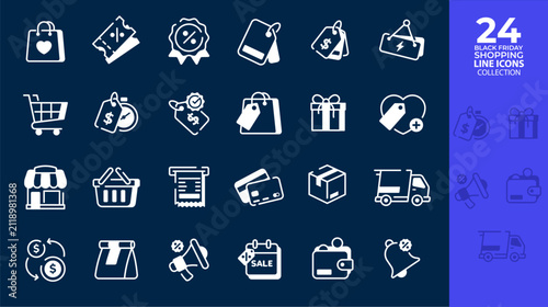 Modern Black Friday shopping line icons collection featuring shopping bag, discount coupon, sale badge, price tag, shopping cart, stopwatch, gift box, wishlist, storefront, shopping basket, receipt, c