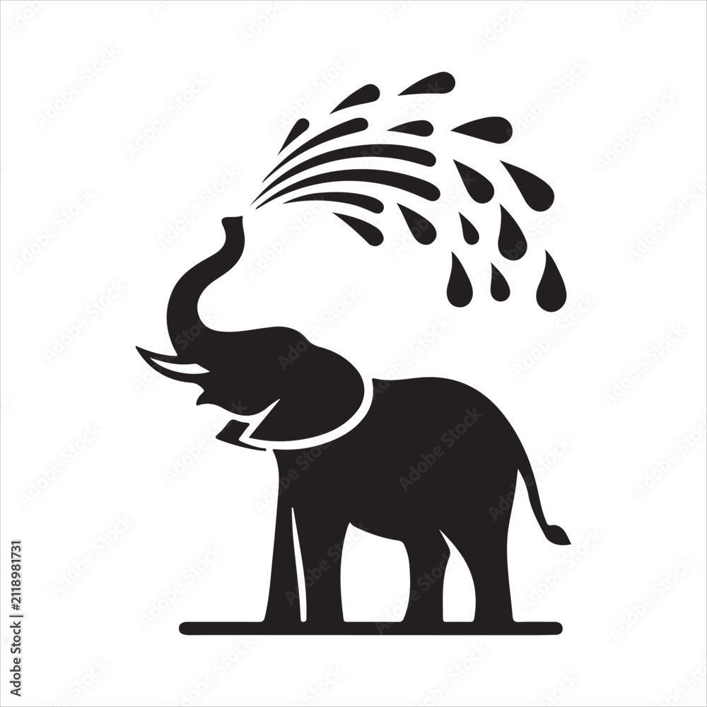 Fototapeta premium Elephant spraying water from trunk vector silhouette outline logo design concept illustration