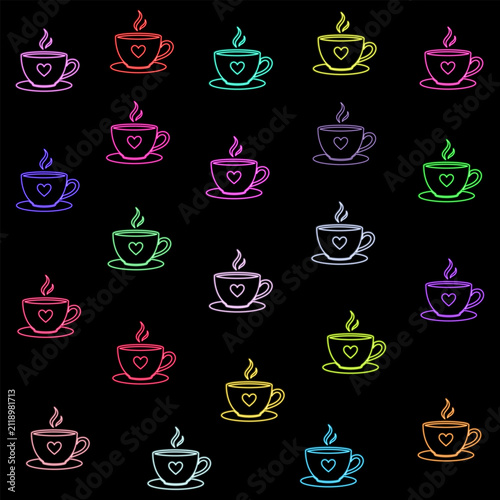 Colorful Neon Coffee Cups with Heart Icons Set Isolated on Black Background