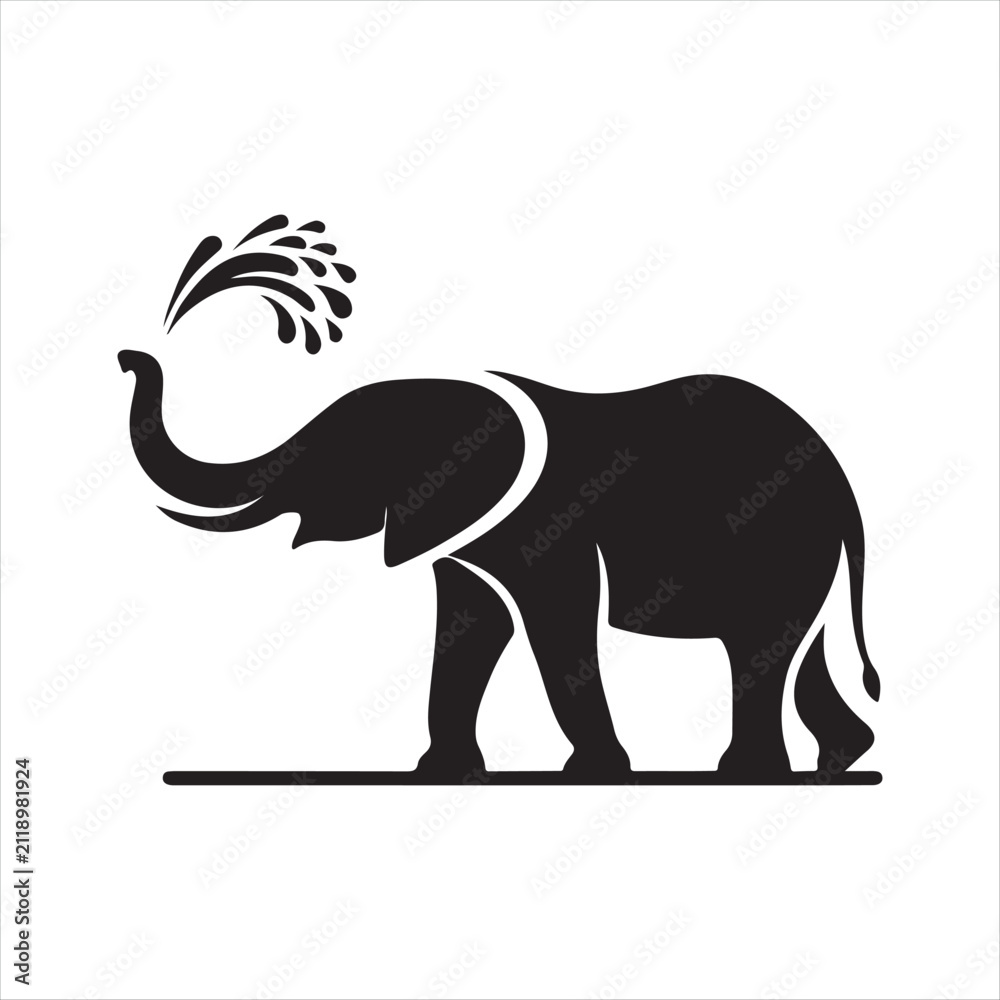 Fototapeta premium Elephant spraying water from trunk vector silhouette outline logo design concept illustration