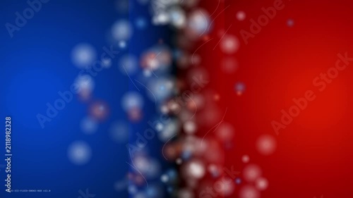 Abstract bokeh particles on blue and red background, glowing light spheres motion, cinematic contrast background for broadcast and events