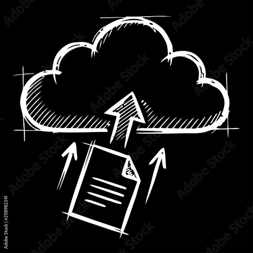 Cloud Document Upload Service with File Transfer Arrow Hand Drawn Chalkboard Style Illustration Representing Online Backup Digital Storage Secure Data Upload and Cloud Computing Technology