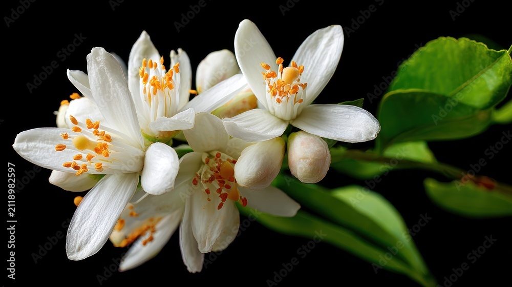 Fototapeta premium Close up of orange blossom cluster against dark background