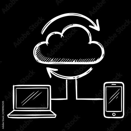 Cloud Synchronization Across Multiple Devices Hand Drawn Chalkboard Style Illustration Showing Laptop Smartphone Online Data Sync Cross Platform Storage and Cloud Computing