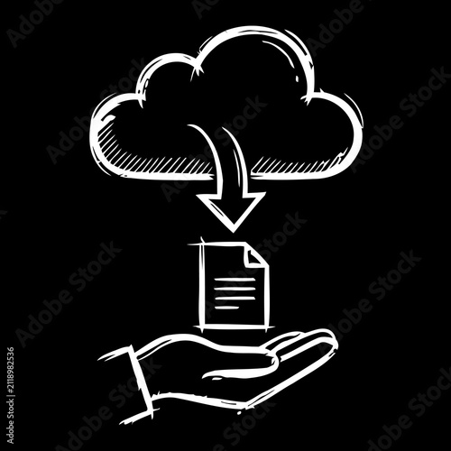 Cloud File Download Service into Hand Hand Drawn Chalkboard Style Illustration Showing Secure Digital Retrieval Online Storage Data Delivery and Cloud Computing Technology