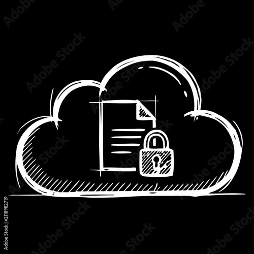 Secure Cloud Storage with Protected Document and Padlock Hand Drawn Chalkboard Style Illustration Representing Data Protection Privacy Encryption Digital Security and Cloud Computing