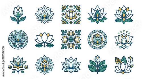Cuadro en lienzo Collection of intricate lotus flower designs and patterns.