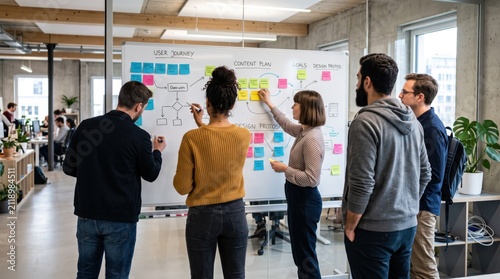 Creative team brainstorming ideas on whiteboard with sticky notes in startup office, planning user journey and content strategy for web design project and agile software
