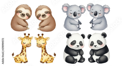 eight fluffy watercolor sloths, koalas, pandas, and giraffes in affectionate pairs, sleepy, top-down view isolated on white with copy space. concept for children's wildlife art