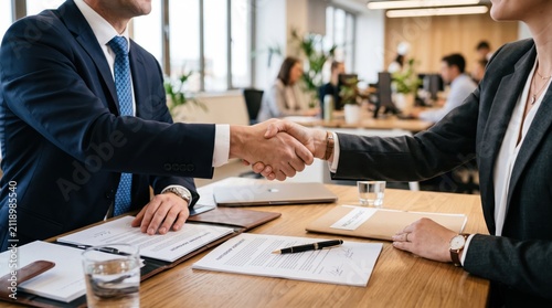 Close up of business partners shaking hands over signed contract documents on wooden table in modern office, successful deal agreement and professional partnership meeting concept