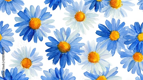 Close up of vibrant blue and white daisy flowers against a white background