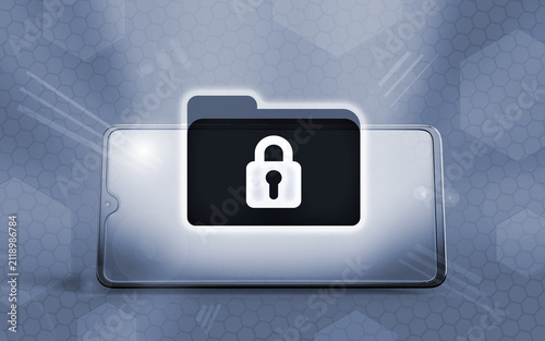 Konstfotografi Representación 3D de un teléfono inteligente con un ícono de carpeta bloqueada, simbolizando la ciberseguridad, privacidad de datos, encriptación móvil y protección de información personal