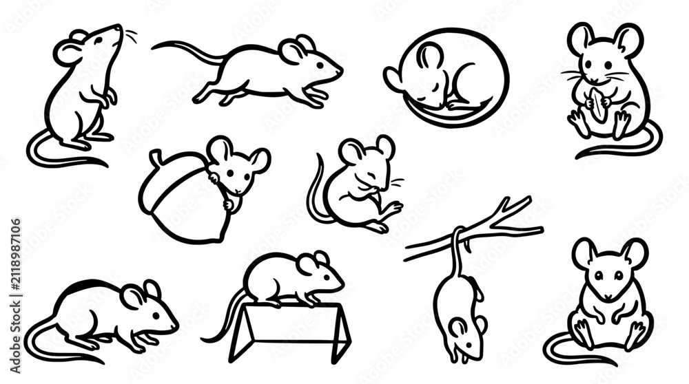 Obraz premium Set of cute mouse line art vector illustrations