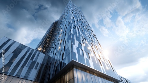 Modern architectural skyscraper against a blurred cloudy sky background