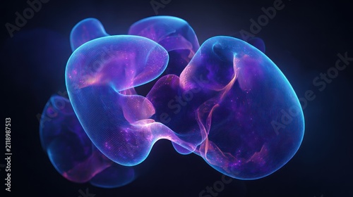 Abstract glowing organic forms in deep blue and purple on black background