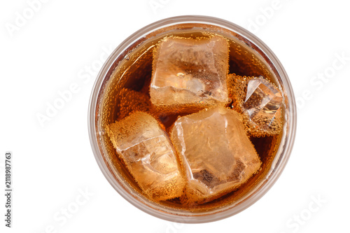 Overhead view of cold carbonated beverage with ice cubes isolated