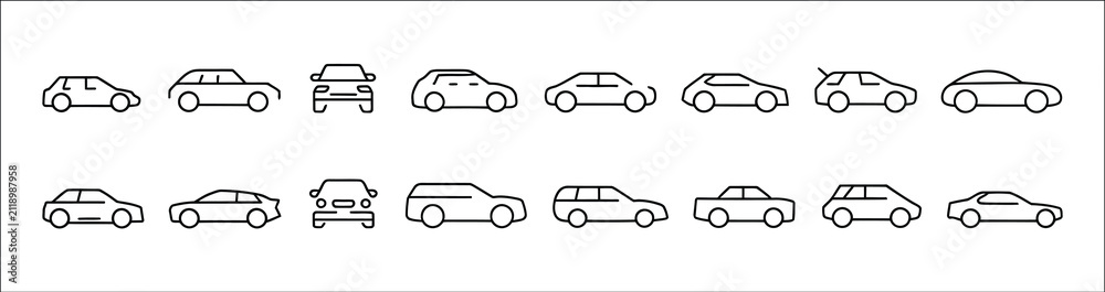 Naklejka premium Simple line car icon set, minimalist automobile symbols featuring sedan, SUV, hatchback and transport elements, clean editable stroke collection for web, mobile applications, isolated vector.