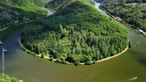 Cargo Ship Navigating the Saar Loop (Saarschleife) in Saarland, Germany