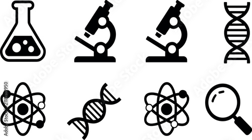 Foto Set of black silhouette science and laboratory icons including microscope dna at