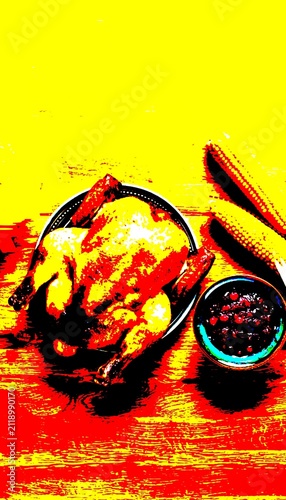 Vibrant pop art roasted Thanksgiving turkey with corn and cranberry sauce on wooden table, yellow background, festive holiday dinner illustration