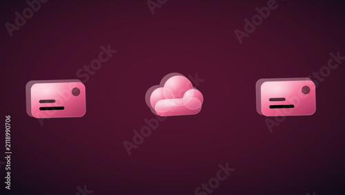 Glossy cloud and credit card icons. Pink 3D UI elements for digital finance applications.