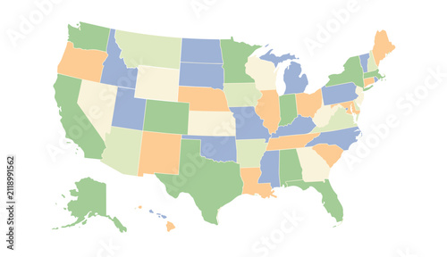 Vector map of the United States divided by state, each state filled with different pastel colors including green, blue, orange, and yellow. Includes Alaska and Hawaii. Ideal for infographics, educatio