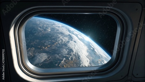 View from Spacecraft Window Showing Earth and Surrounding Stars