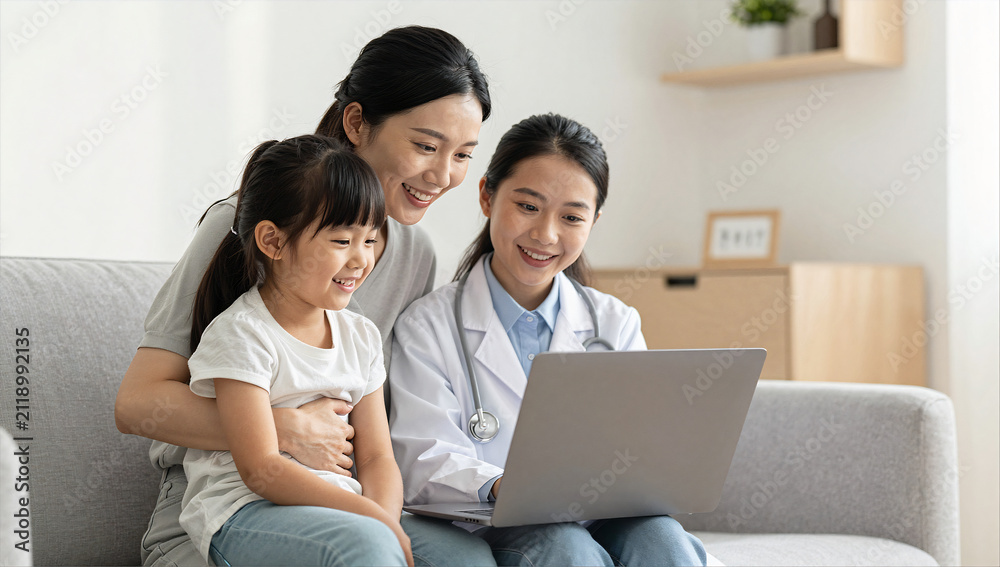 Fototapeta premium Mother and Young Daughter during Virtual Pediatric Consultation on Laptop