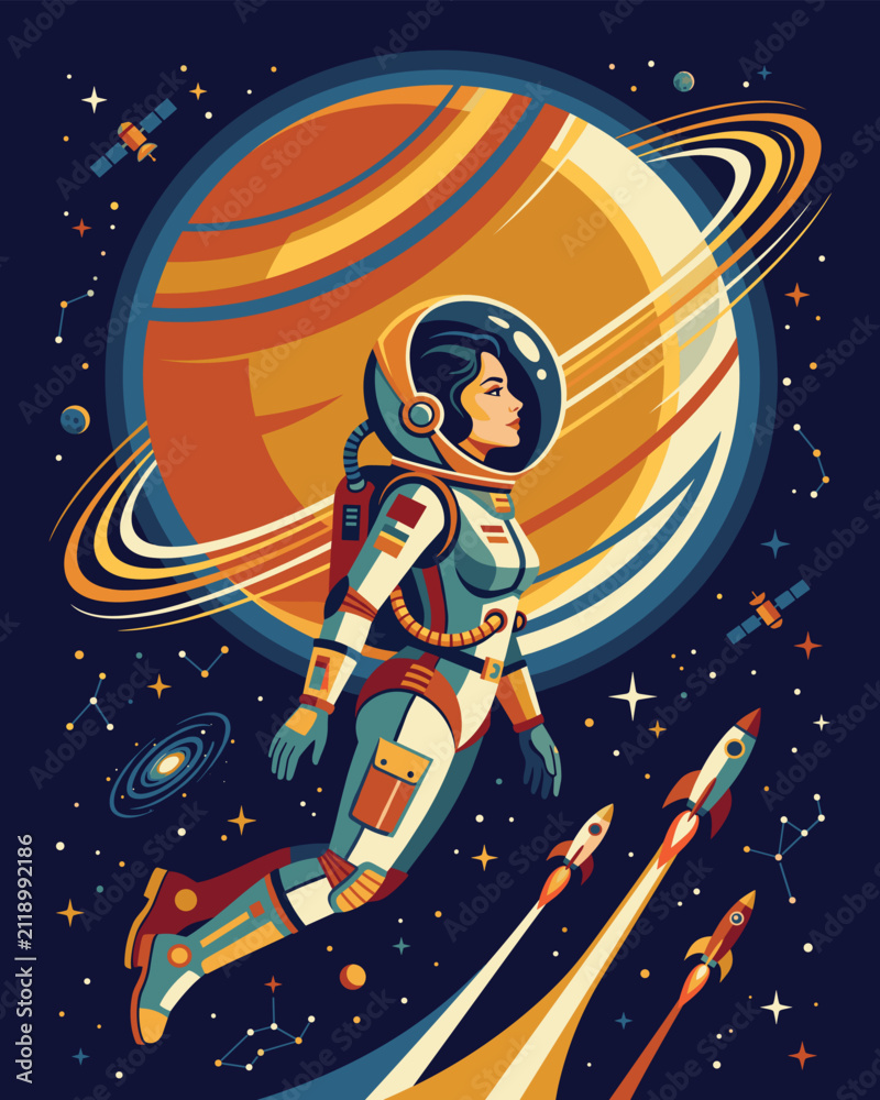 Fototapeta premium Cosmic Voyager: A female astronaut gracefully floats through the vast expanse of space, her suit illuminated by the glow of a distant, ringed planet and the trails of soaring rockets.