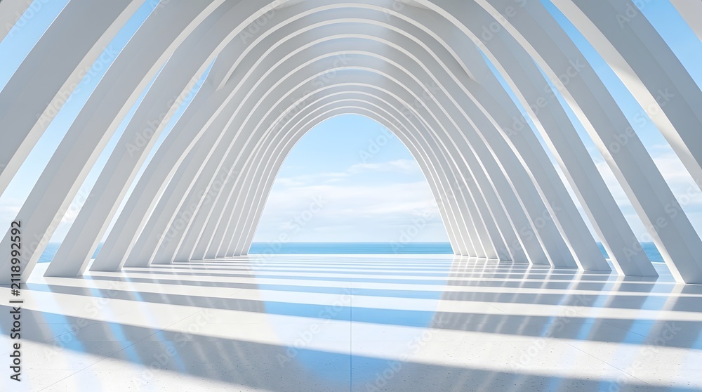 Fototapeta premium Modern architectural archway tunnel. Abstract white structure with sea view background.