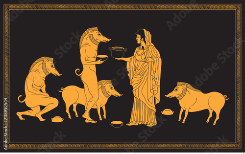 Vector illustration of Circe turning Odysseus's men into pigs