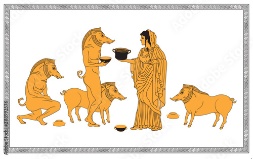 Vector illustration of Circe turning Odysseus's men into pigs