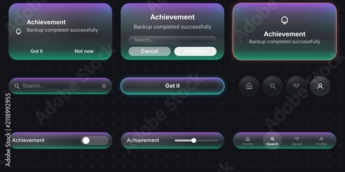 Modern UI/UX design elements, a futuristic dark mode interface kit with gradient glassmorphism style. Web design components for app development, including buttons, search bars